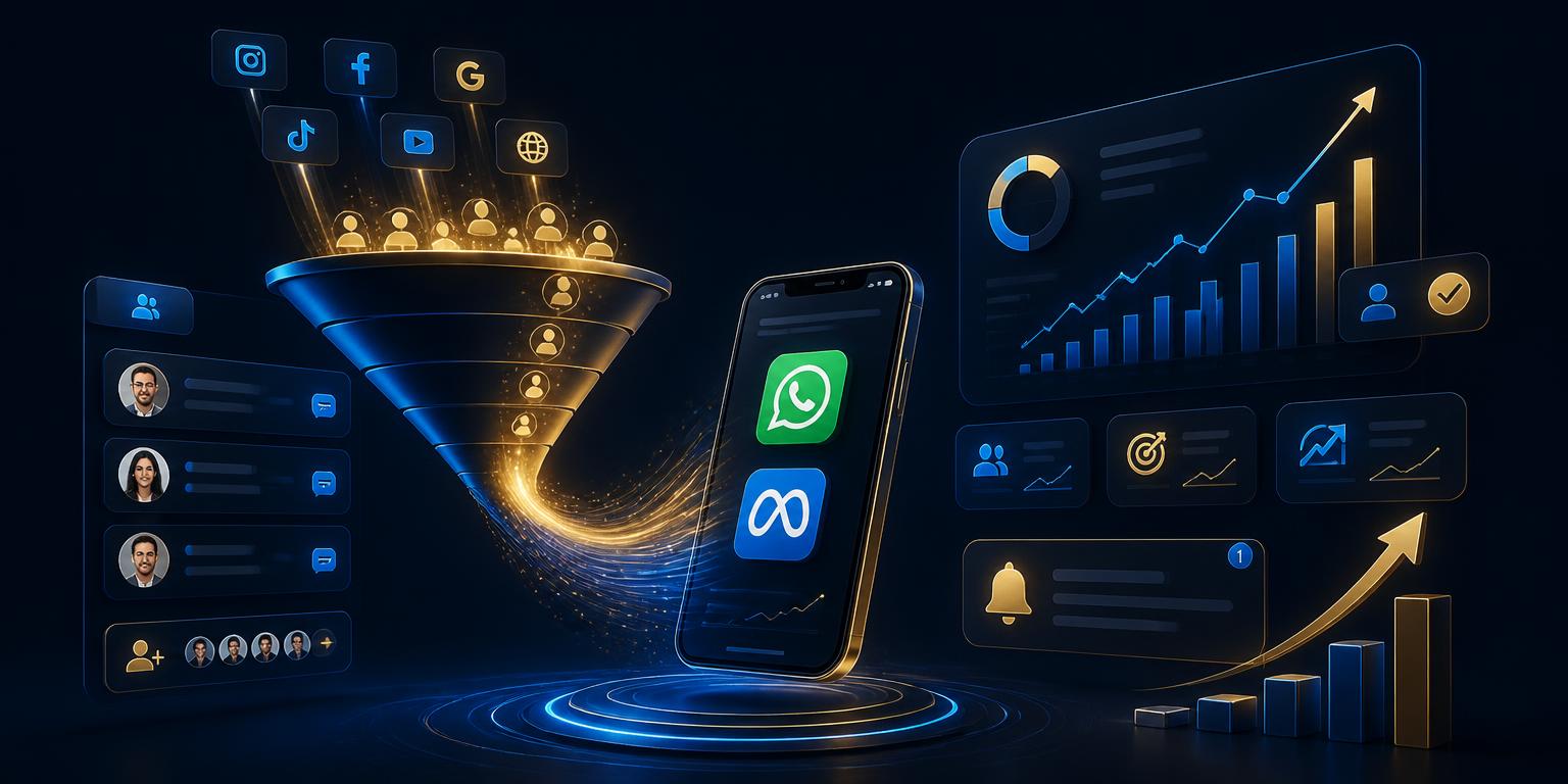 Ilustración de embudo de leads con Meta Ads, WhatsApp Business y crecimiento de facturación